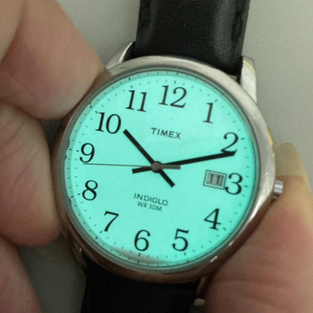 Timex Indiglo Mens Watch 35mm White Dial Black Leather Date New Battery